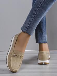 Women Metal Decor Slip On Shoes, Sporty Outdoor Sneakers - Khaki - View 2