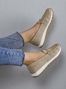 Women Metal Decor Slip On Shoes, Sporty Outdoor Sneakers - Khaki - View 4