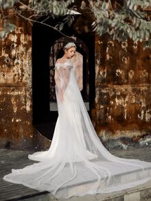 Guipure Lace Panel Bridal Veil Fall Clothes For Women - White - View 3