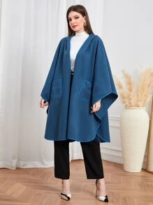 Modelyn Dual Pocket Batwing Sleeve Open Front Overcoat - Dusty Blue - View 1