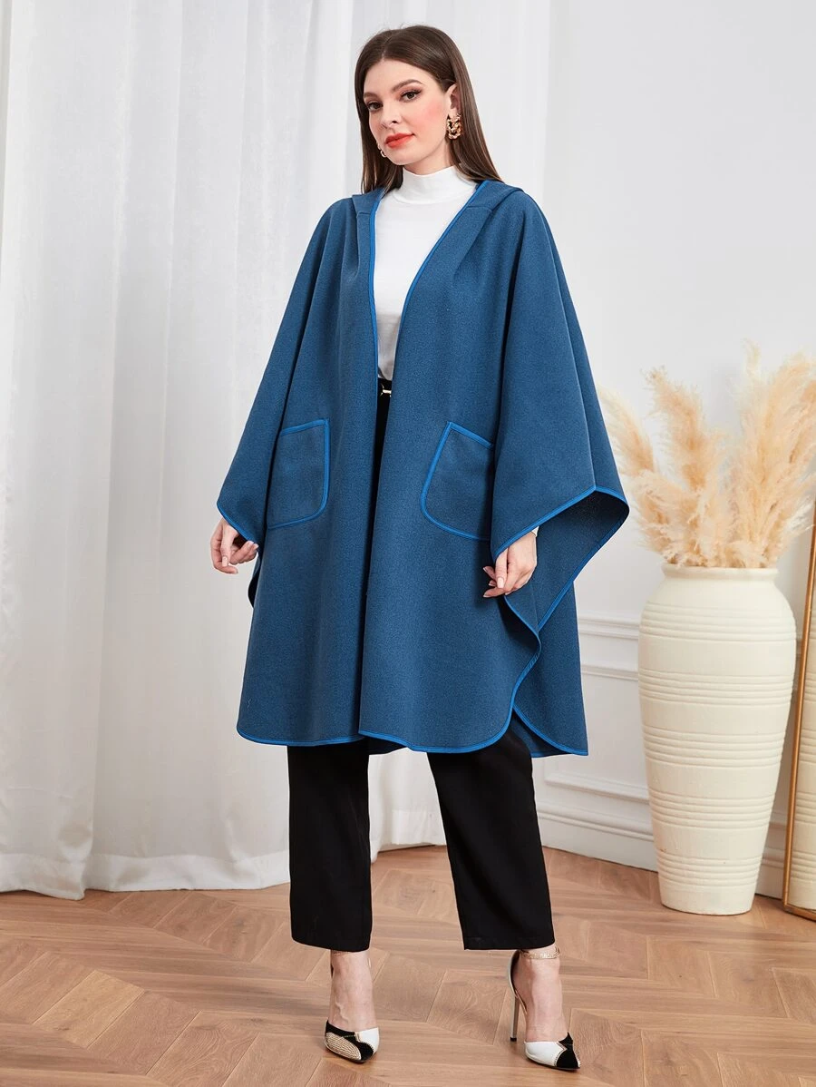 Modelyn Dual Pocket Batwing Sleeve Open Front Overcoat - Dusty Blue - View 1