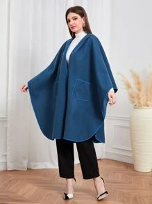 Modelyn Dual Pocket Batwing Sleeve Open Front Overcoat - Dusty Blue - View 4