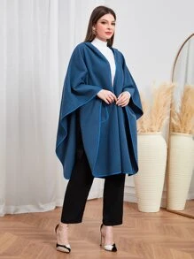 Modelyn Dual Pocket Batwing Sleeve Open Front Overcoat - Dusty Blue - View 5