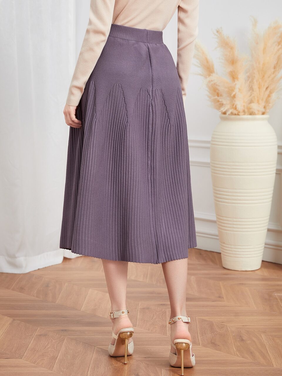 High Waist Plicated Detail Knit Skirt