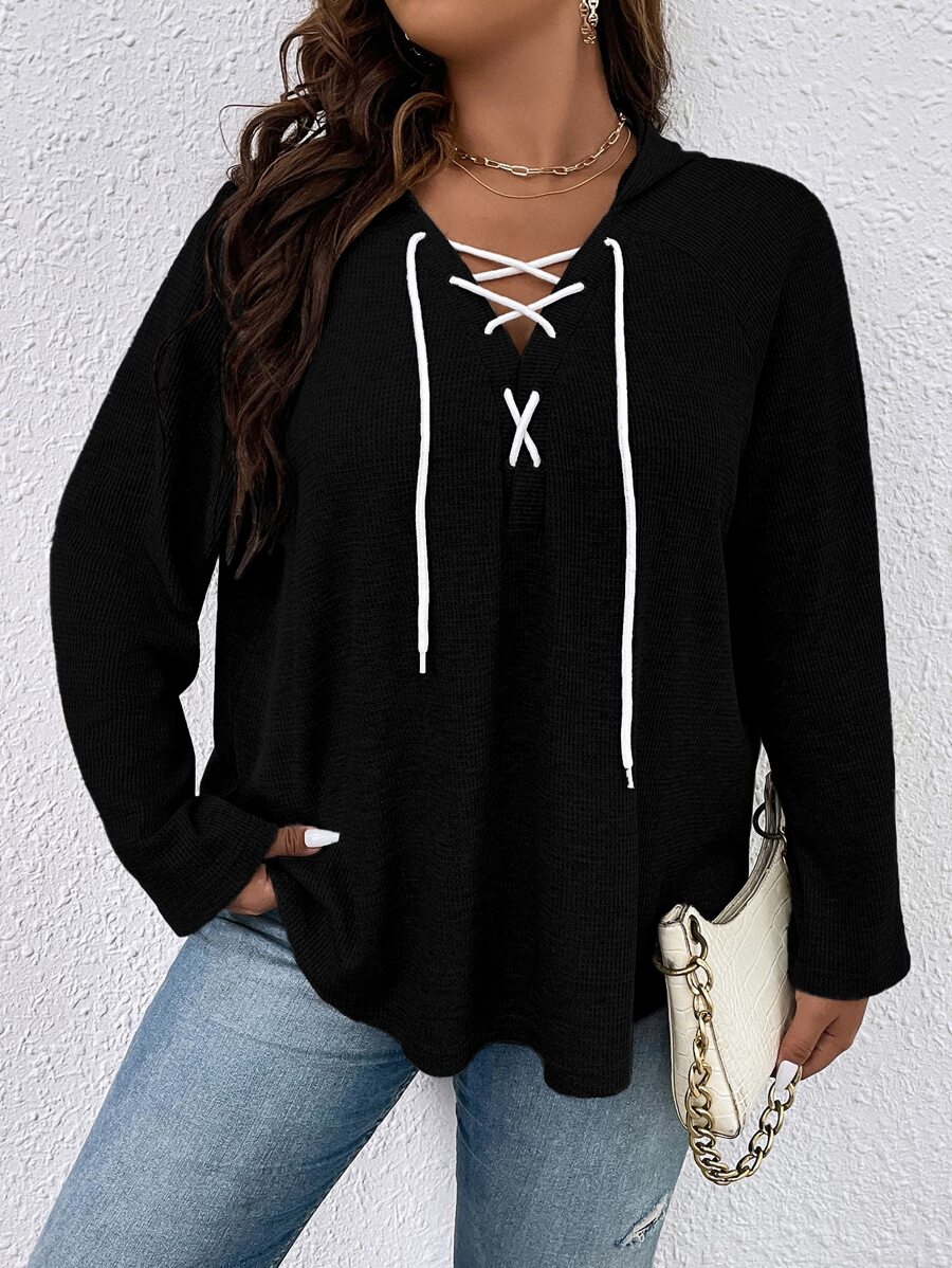 SHEIN LUNE Plus Size Grommet Lace Up Raglan Sleeve Sweatshirt Pullover Fall Sweatshirt - Black - View 1