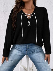 SHEIN LUNE Plus Size Grommet Lace Up Raglan Sleeve Sweatshirt Pullover Fall Sweatshirt - Black - View 4