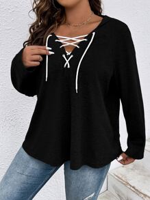 SHEIN LUNE Plus Size Grommet Lace Up Raglan Sleeve Sweatshirt Pullover Fall Sweatshirt - Black - View 6