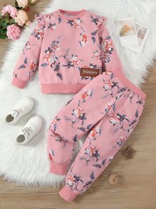Toddler Girls Floral Print Ruffle Trim Sweatshirt & Joggers - Dusty Pink - View 1