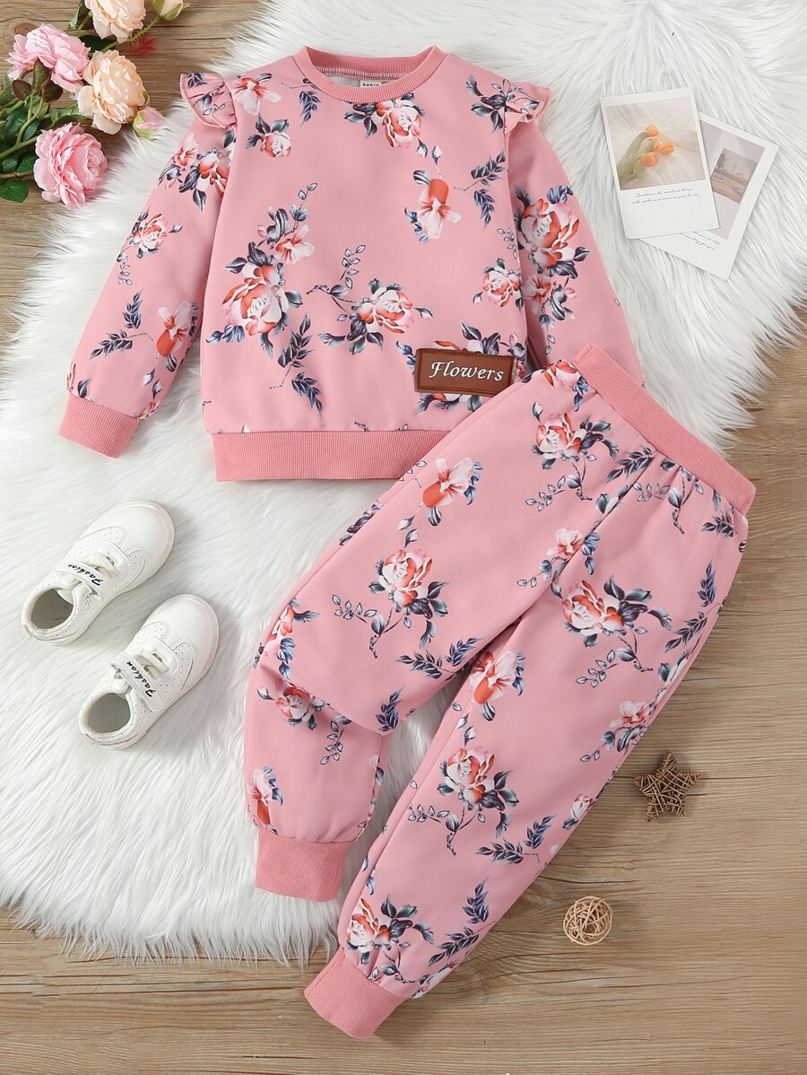 Toddler Girls Floral Print Ruffle Trim Sweatshirt & Joggers - Dusty Pink - View 1