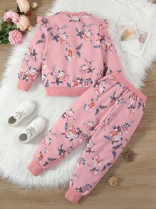 Toddler Girls Floral Print Ruffle Trim Sweatshirt & Joggers - Dusty Pink - View 2