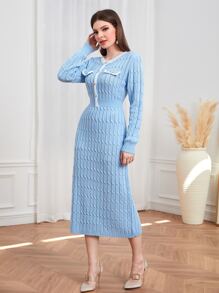 Modelyn Contrast Binding Flap Detail Jumper Dress - Baby Blue - View 3