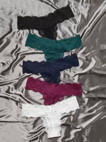 Women Casual Lace Thong Panties Multicolor Scallop Plain Underwear High Stretch Fabric - Multicolor - View 1