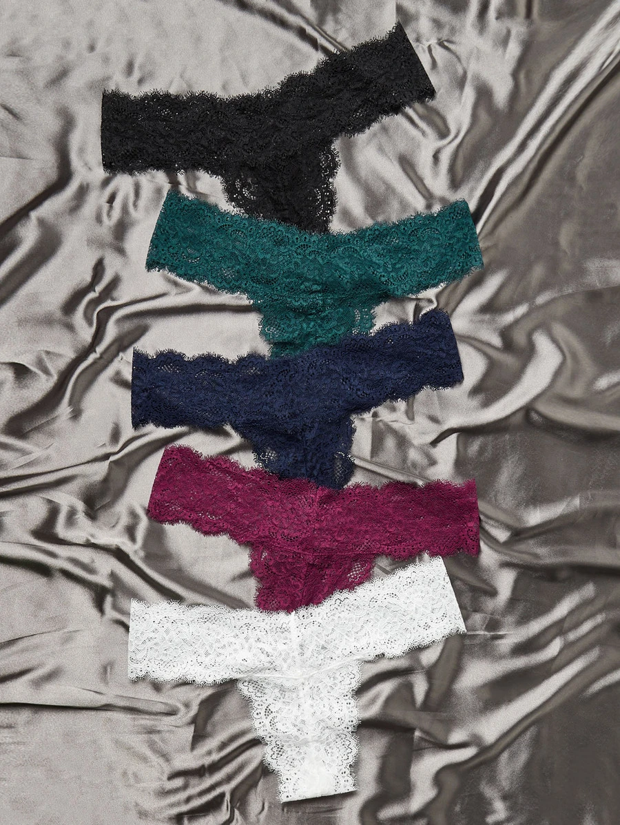 Women Casual Lace Thong Panties Multicolor Scallop Plain Underwear High Stretch Fabric - Multicolor - View 1