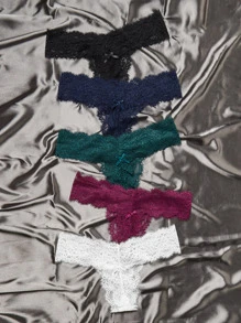 Women Casual Lace Thong Panties Multicolor Scallop Plain Underwear High Stretch Fabric - Multicolor - View 2