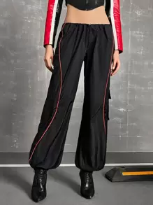 SHEIN ICON 拼接滾邊翻蓋口袋工裝降落傘褲 - 黑色 - 查看 1