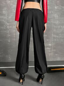 SHEIN ICON 拼接滾邊翻蓋口袋工裝降落傘褲 - 黑色 - 查看 2