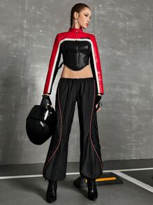 SHEIN ICON 拼接滾邊翻蓋口袋工裝降落傘褲 - 黑色 - 查看 3