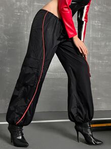 SHEIN ICON 拼接滾邊翻蓋口袋工裝降落傘褲 - 黑色 - 查看 5