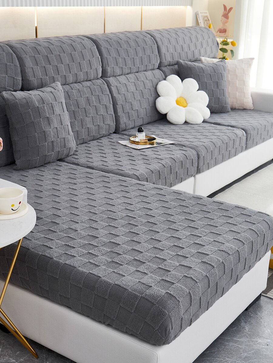 1pc Checkered Textured Stretchy Sofa Seat Cushion Cover - Light Grey - View 1