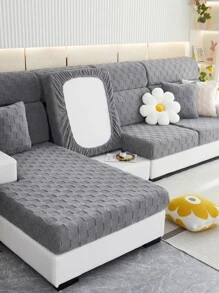 1pc Checkered Textured Stretchy Sofa Seat Cushion Cover - Light Grey - View 3