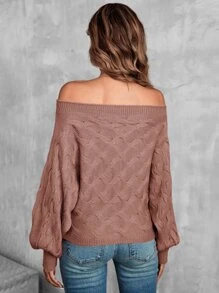 SHEIN LUNE 一字肩蝙蝠袖紋理質感套頭毛衣 - 藕粉色 - 查看 2