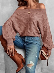 SHEIN LUNE 一字肩蝙蝠袖紋理質感套頭毛衣 - 藕粉色 - 查看 3