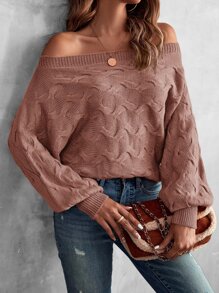 SHEIN LUNE 一字肩蝙蝠袖紋理質感套頭毛衣 - 藕粉色 - 查看 5