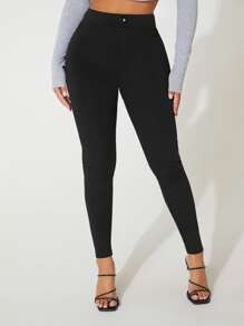 SHEIN PETITE High Waist Skinny Bodycon Black Pants - Black - View 1
