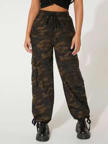 SHEIN PETITE Camo Print Flap Pocket Drawstring Waist Cargo Trousers - Multicolor - View 1