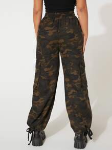 SHEIN PETITE Camo Print Flap Pocket Drawstring Waist Cargo Trousers - Multicolor - View 2