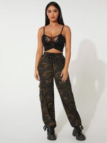 SHEIN PETITE Camo Print Flap Pocket Drawstring Waist Cargo Trousers - Multicolor - View 3