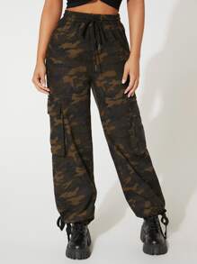 SHEIN PETITE Camo Print Flap Pocket Drawstring Waist Cargo Trousers - Multicolor - View 4