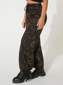 SHEIN PETITE Camo Print Flap Pocket Drawstring Waist Cargo Trousers - Multicolor - View 6