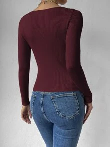 Almamuse Sweetheart Neck Ribbed Knit Jumper - Burgundy - View 2