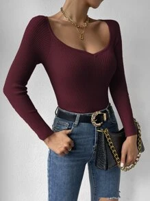 Almamuse Sweetheart Neck Ribbed Knit Jumper - Burgundy - View 4