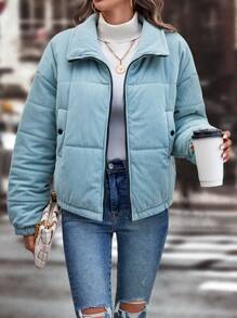 Abrigo acolchado con cremallera y hombro caído para el invierno - Azul menta - Ver 3
