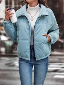 Abrigo acolchado con cremallera y hombro caído para el invierno - Azul menta - Ver 4