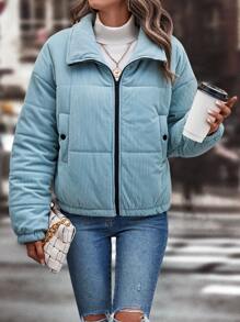 Abrigo acolchado con cremallera y hombro caído para el invierno - Azul menta - Ver 5