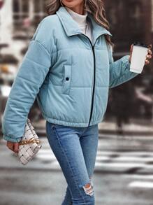 Abrigo acolchado con cremallera y hombro caído para el invierno - Azul menta - Ver 7