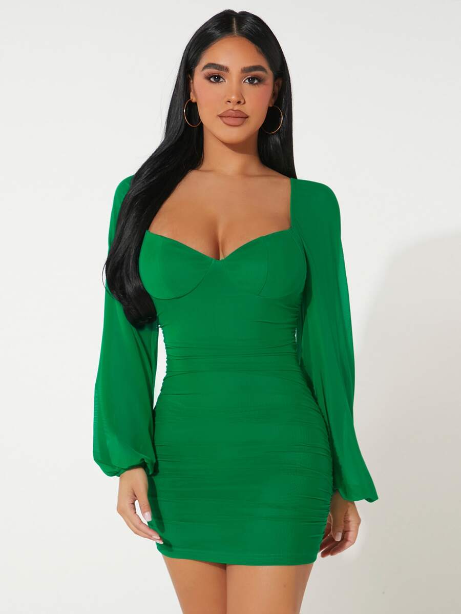 SHEIN PETITE Đầm Xù màu trơn Thanh lịch - màu xanh lá - Xem 1