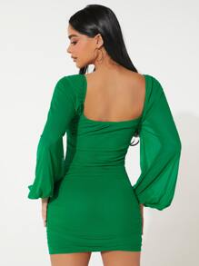 SHEIN PETITE Đầm Xù màu trơn Thanh lịch - màu xanh lá - Xem 2