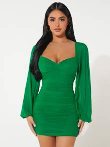 SHEIN PETITE Đầm Xù màu trơn Thanh lịch - màu xanh lá - Xem 4