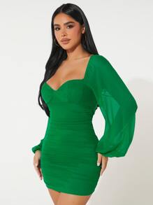 SHEIN PETITE Đầm Xù màu trơn Thanh lịch - màu xanh lá - Xem 5
