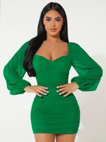 SHEIN PETITE Đầm Xù màu trơn Thanh lịch - màu xanh lá - Xem 6