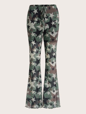 Star Print Tie Front Flare Leg Mesh Pants