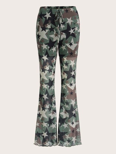 Star Print Tie Front Flare Leg Mesh Pants