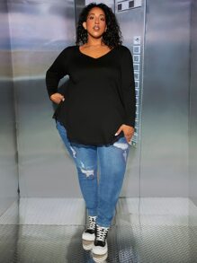 SHEIN CURVE+ Plus Lace Trim Curved Hem Tee - Black - View 4