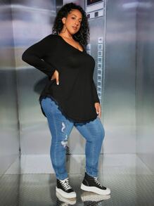 SHEIN CURVE+ Plus Lace Trim Curved Hem Tee - Black - View 5