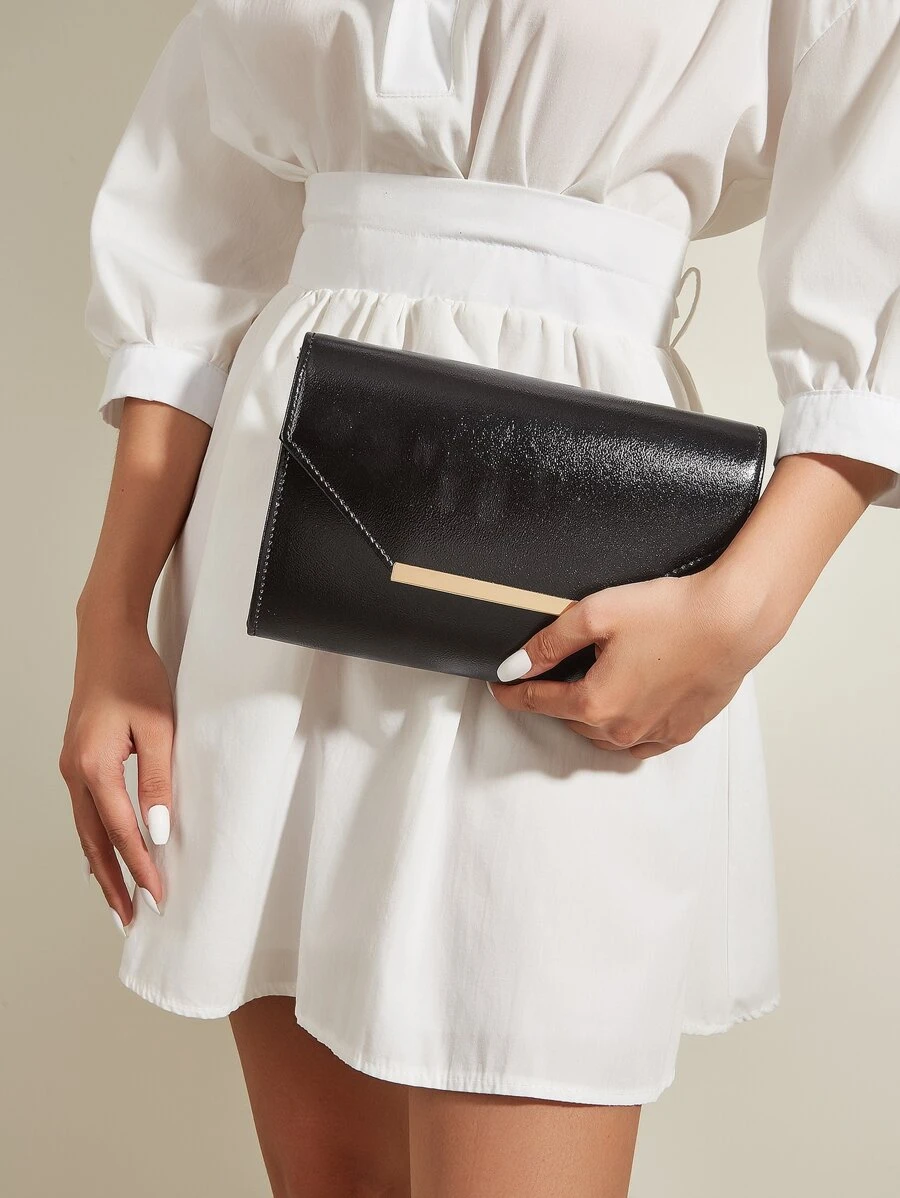 Metal Decor Flap Square Bag - Black - View 1