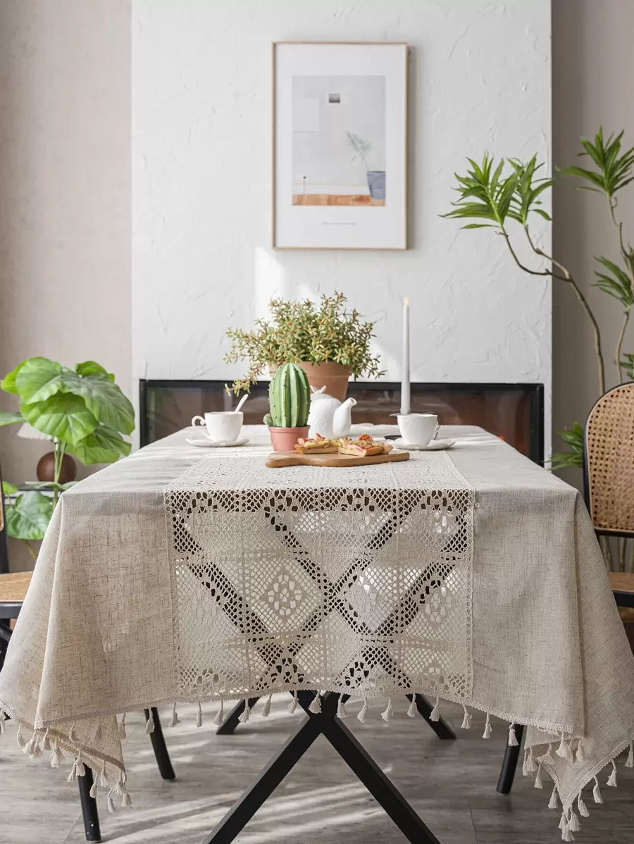 鏤空流蘇邊桌布 - 米色 - 查看 1